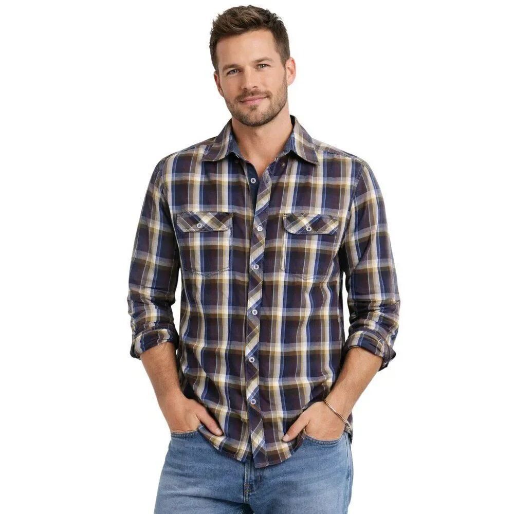 Like New 7Diamonds Long Sleeve Purple Blue Plaid Button-Up Shirt